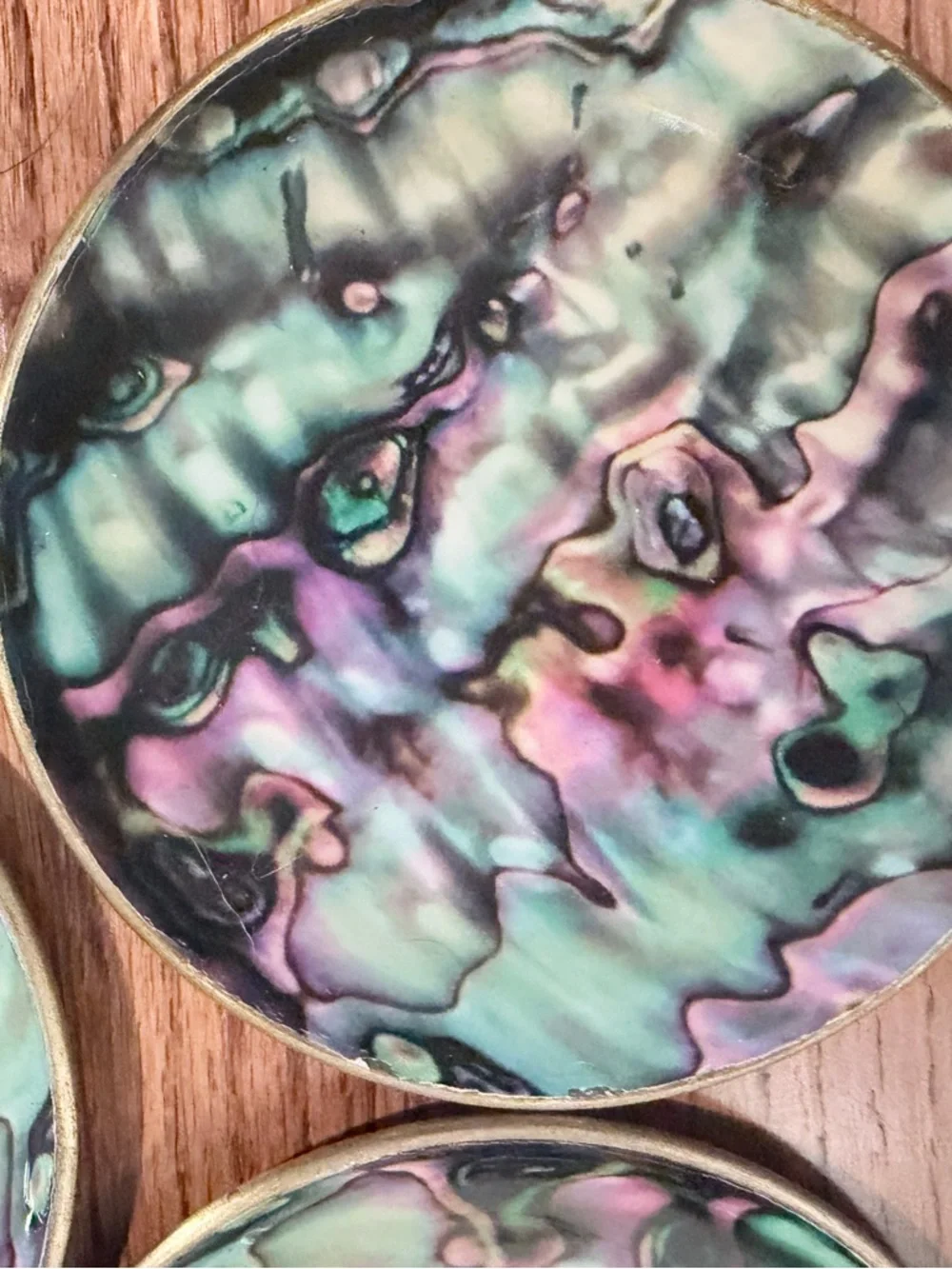 Set of 3 Anthropologie Faux Abalone Pattern Home Art Coasters - Green & Purple